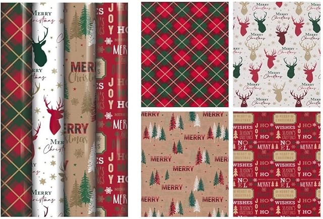 Christmas Gift Wrapping Paper - Pack of 4 x 7M Traditional Tartan, Reindeer, Stag Traditional Design, Perfect for wrapping the Christmas present