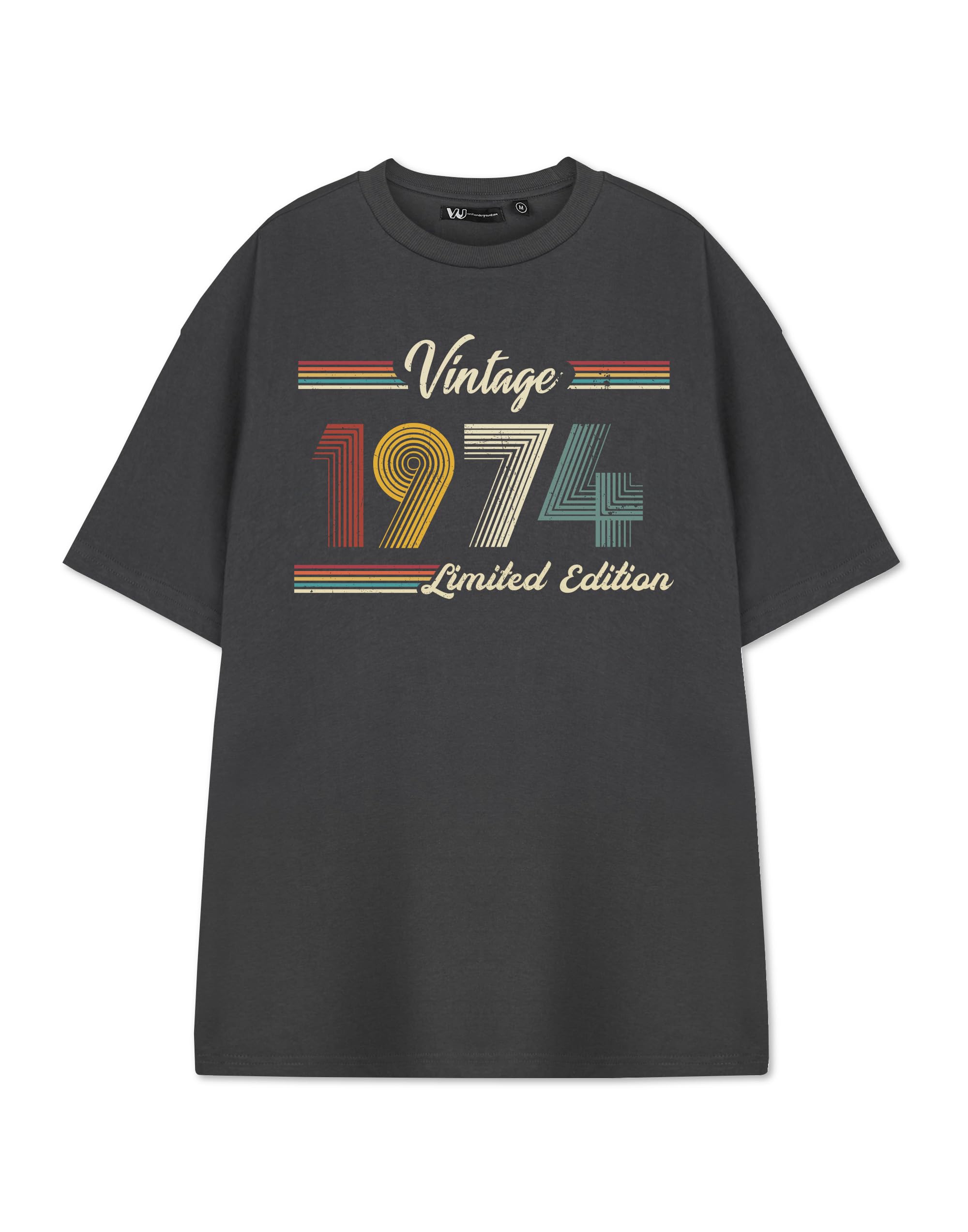 Vanilla Underground Unisex Grey - Vintage 1974 Mens Vintage 1974 Graphic Tee In Grey | Retro Style Novelty Short Sleeved T-Shirt Gift | Classic 70S Style Apparel