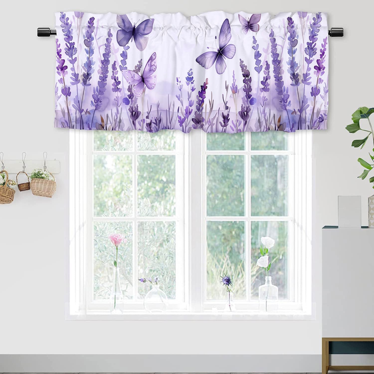 Butterfly Valance Curtain for Kithchen Windows Flying Butterfly Lavender Flowers Valance for Bedroom Living Room Bathroom Rod Pocket Small Window Curtains 2 Pack 52x 18 inch
