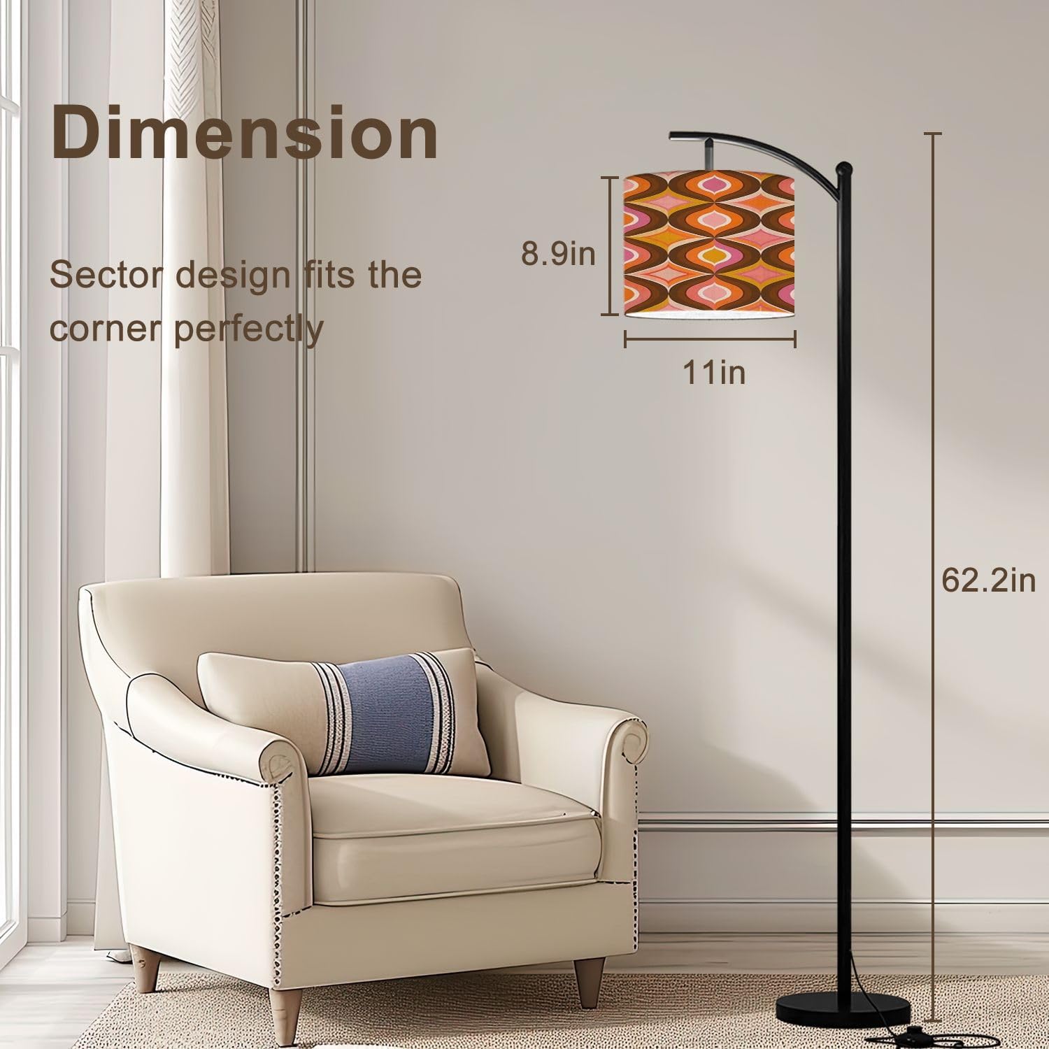 Arc Floor Lamp 70s Retro Seamless Pattern Orange Brown Pink Beige 60s 70s Retro style Tall Standing Lamp Modern Dimmable with Remote Adjustable Drum Shade Footswitch for Living Room Bedroom Office