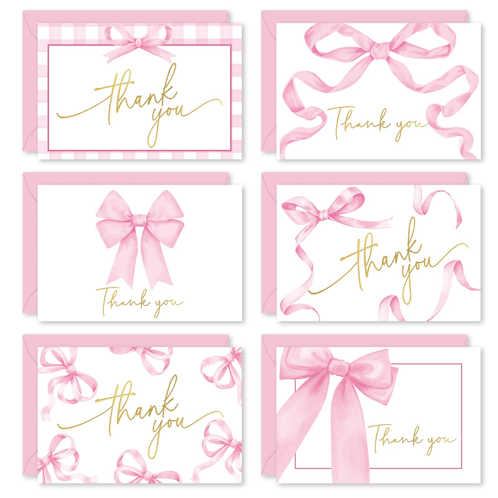 FYSUIMU 36 Pack Pink Bow Thank You Card Gold Foil Bowknot Greeting Card Blank Note Card with Envelope Sticker for Baby Shower Party Supplies, 4 x 6