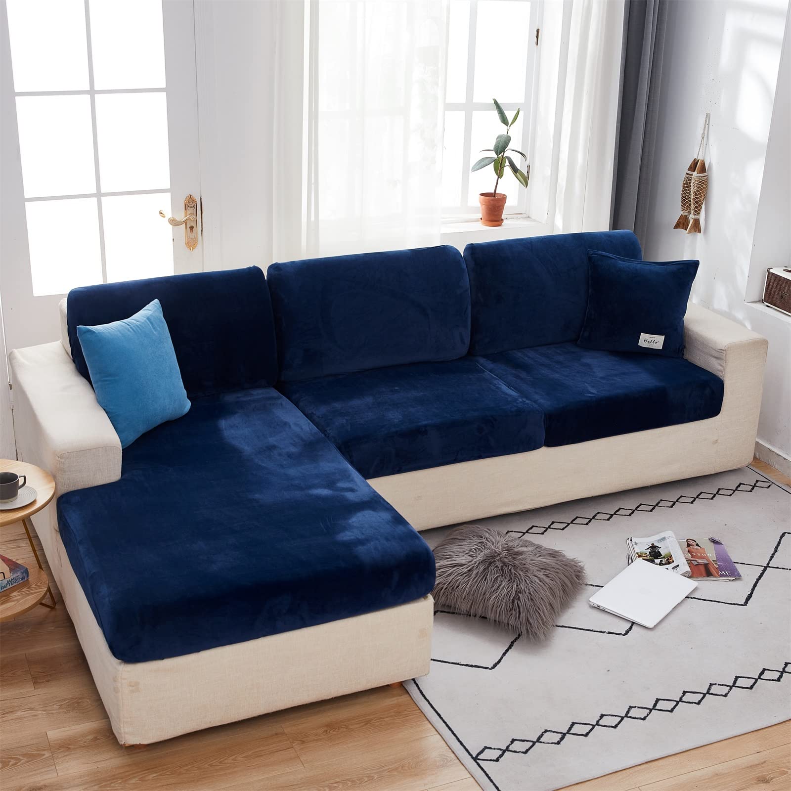 Photo 1 of MIFXIN Velvet Stretch Couch Cushion Slipcover Sofa Cover 1 Piece Universal Elastic Sofa Seat Couch Cover Furniture Protector (Navy, Backrest Cover)