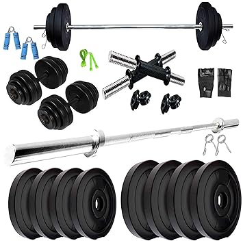 BODYFIT Home Gym Combo, Home Gym Set, Gym Equipments, [8Kg-50 Kg], 4Ft Straight Rod + One Pair Dumbbell Rods, PVC Dumbbell Plates, Home Gym Kit,Weight Plates, Fitness Exercise Set. (20KG COMBO SET)