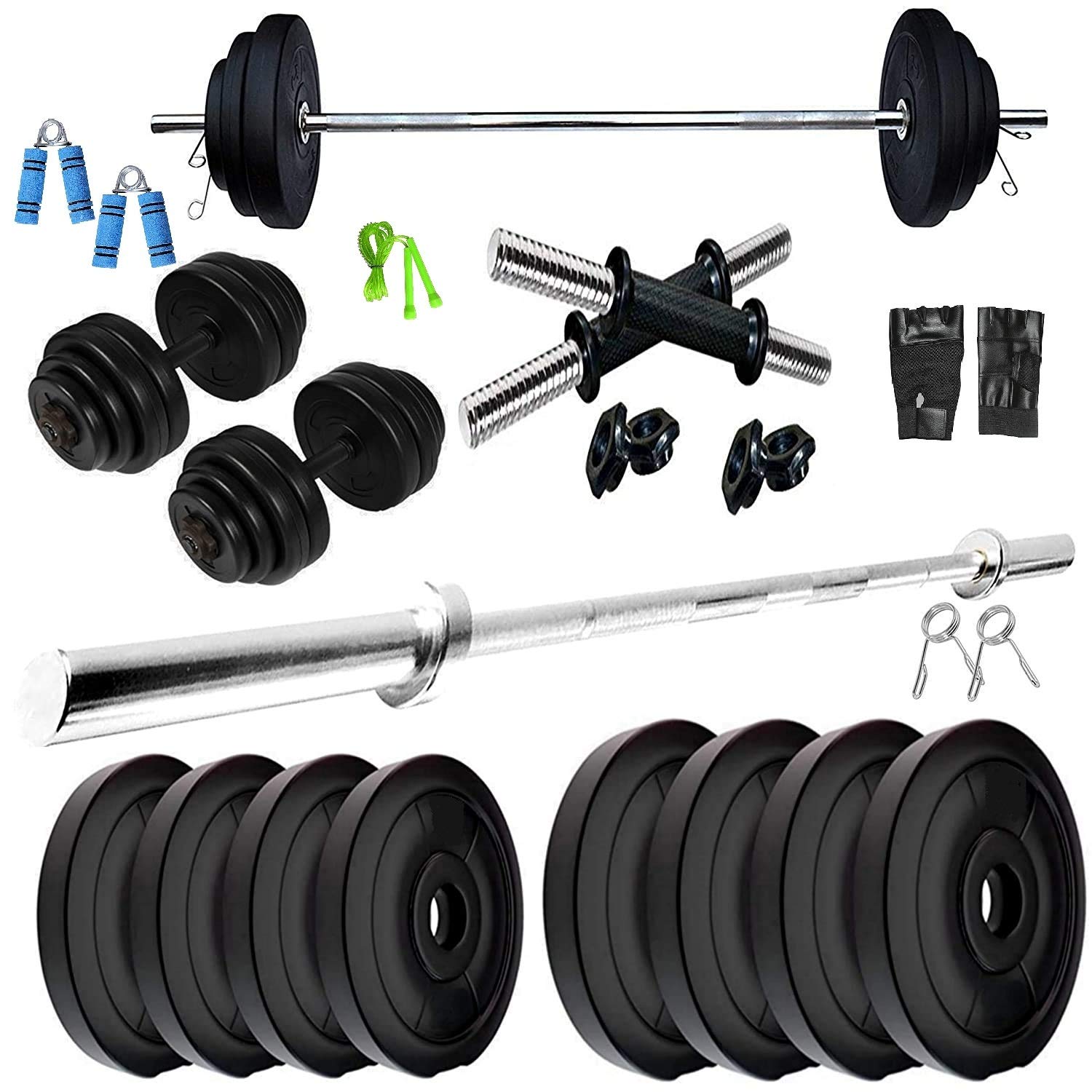 BODYFIT Home Gym Combo, Home Gym Set, Gym Equipments, [8Kg-50 Kg], 4Ft Straight Rod + One Pair Dumbbell Rods, PVC Dumbbell Plates, Home Gym Kit,Weight Plates, Fitness Exercise Set. (20KG Combo Set)