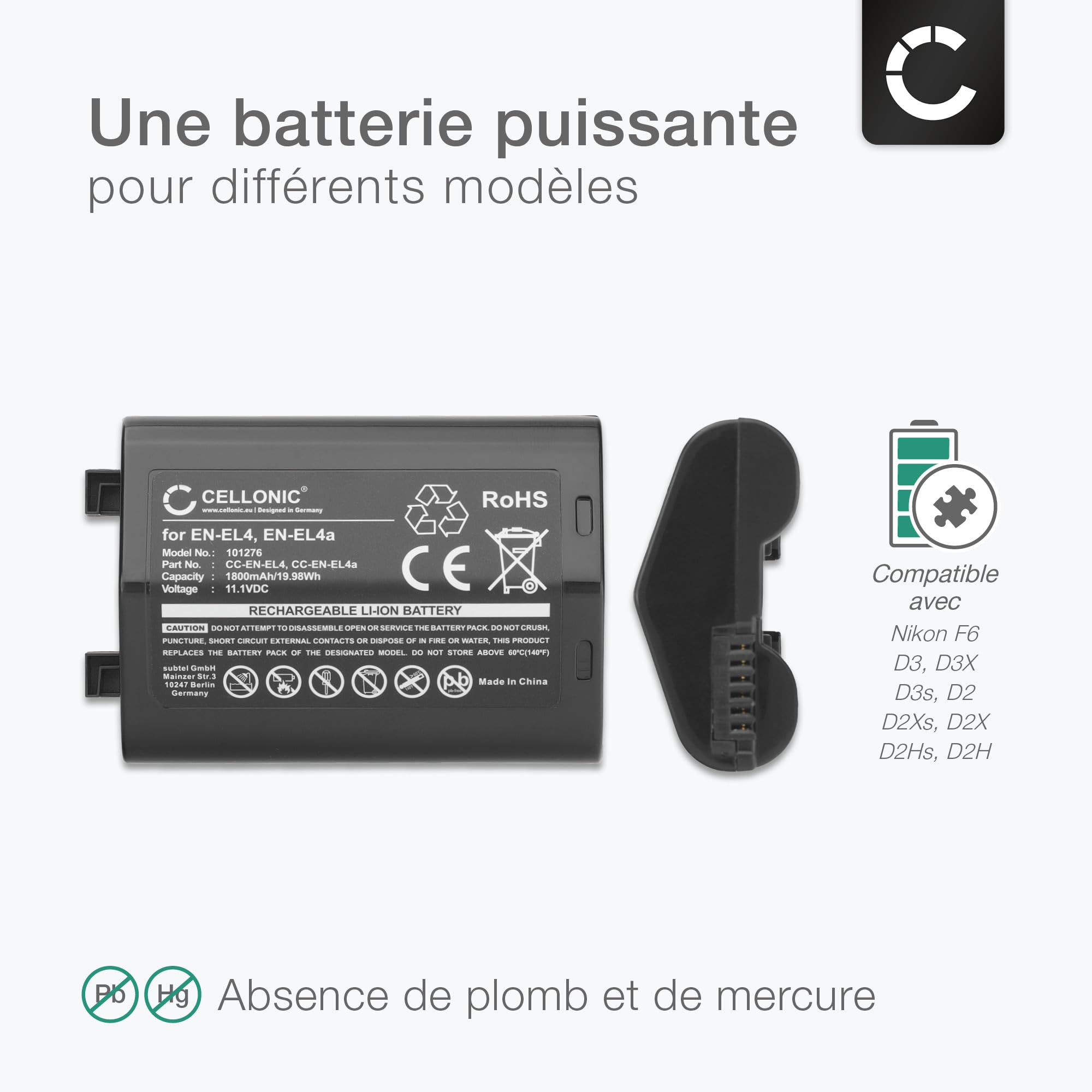 CELLONIC, Batterie pour Caméra, Compatible avec Nikon D3, EN-EL4a, D3s, en-EL4, D2X, D3X, F6 (11.1V, 1800mAh)