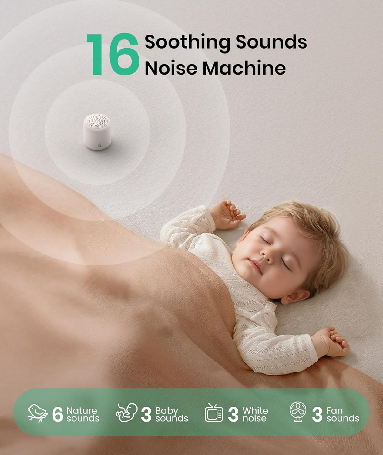 White Noise Machine for Baby, Portable Rechargeable Sound Machine with 20 Soothing Sounds & Sleep Timer for Adults, Travel, Home, Nursery (Rubber White)