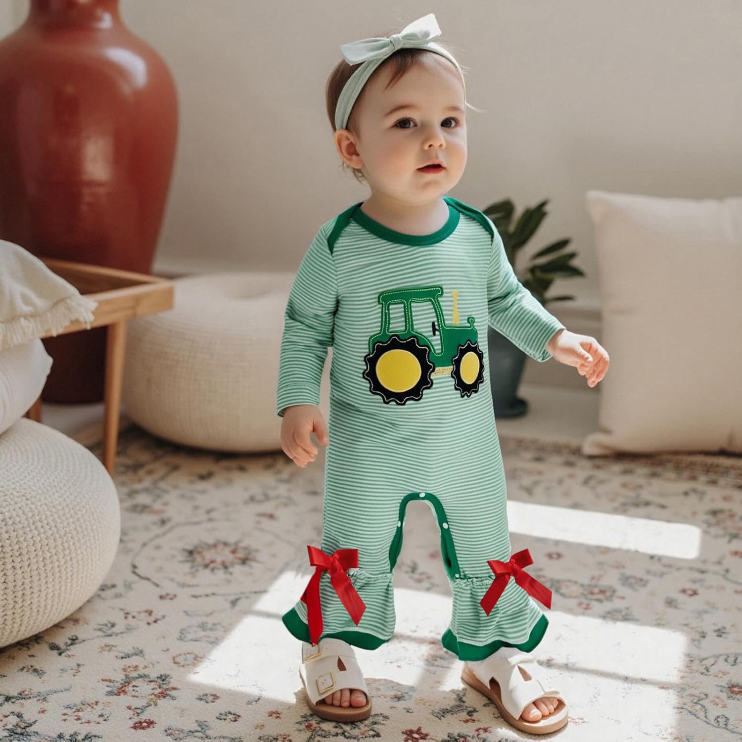 Newborn Baby Girl Fall Clothes Farm Tractor Striped Long Sleeve Jumpsuit Bow Bell Bottom Romper Overalls - Image 2