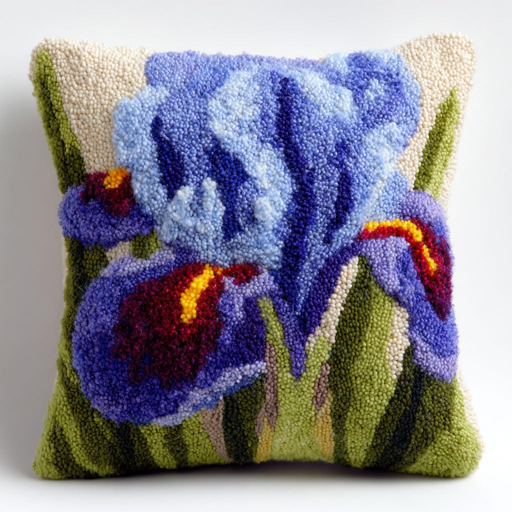 Henypt Latch Hook Kits-H Latch Hook Cushion Kits 17X17inch, Purple Iris Flowers Latch Hook Pillow Case Kits Embroidery Kit, Needlework Pillow Cover Cushion Rug Making Kit