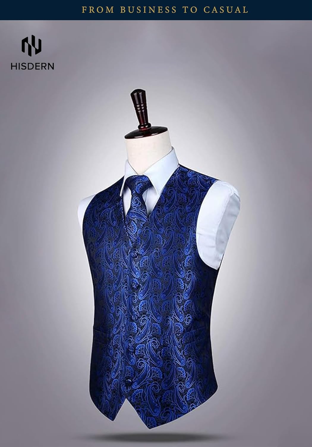 HISDERN V3-01 Men's 3PCS Formal Vest Set Slim Fit Jacquard Waistcoat with Paisley Floral Pattern for Wedding Prom Party - Image 2