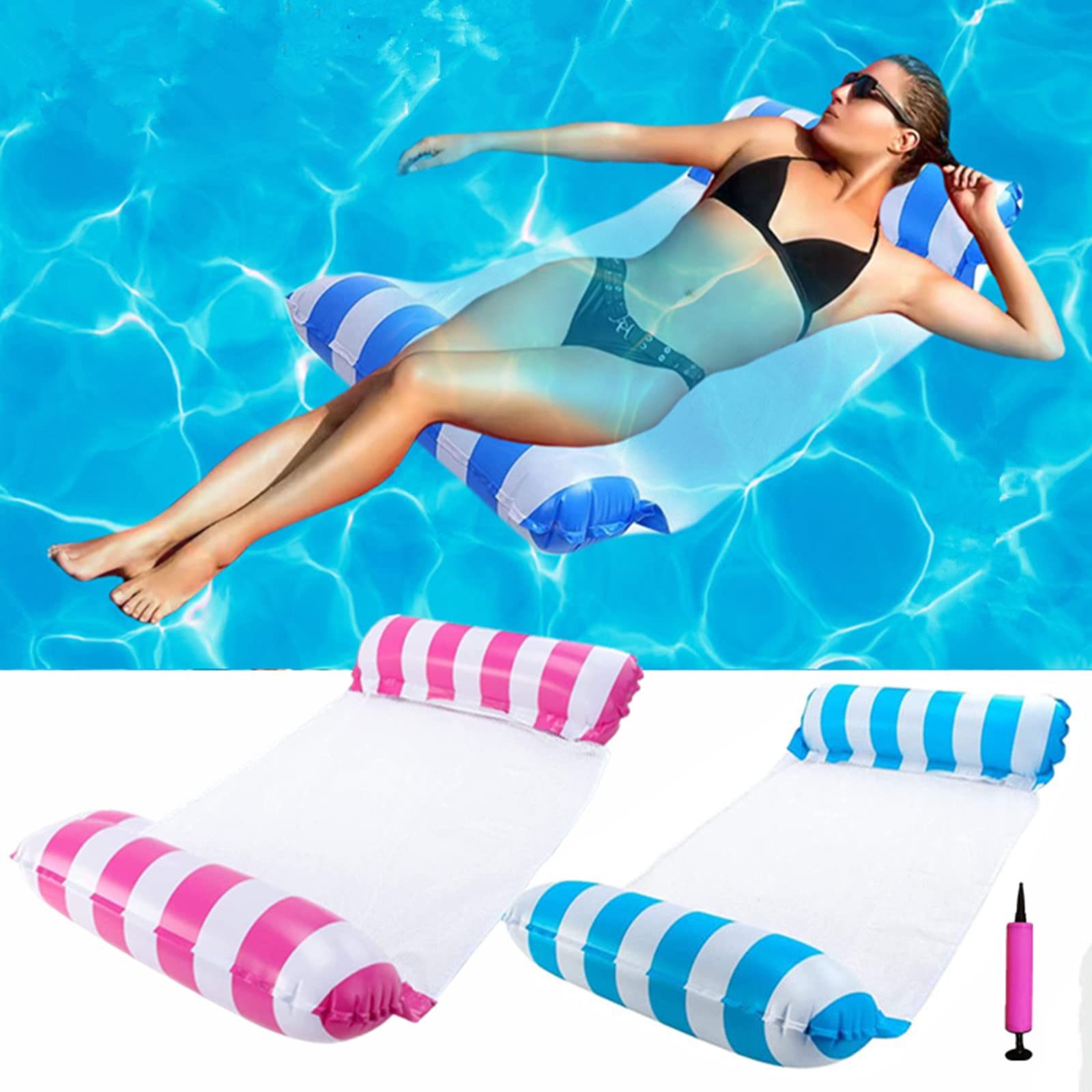 2Pack Inflatable Pool Floats Hammock, 4-in-1 Multi-Purpose Inflatable Hammock with Manual Air Pump for Pool Lake Beach, Pool Inflatables for Adults Kids (A)