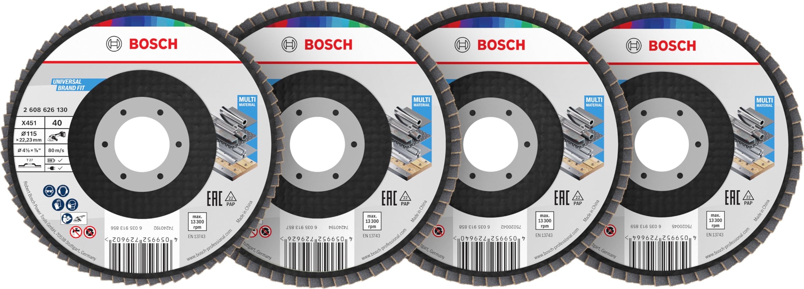 Bosch Lot de 15 disques à lamelles X451 (pour acier, aluminium, diamètre 115 mm, grain 40, 60, 80, 120, accessoires professionnels pour grande meuleuse d'angle)