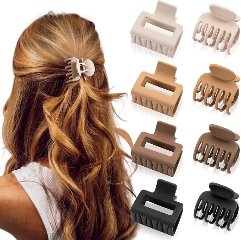 DEPOKA Matte Hair Clips for Women and Girls - Rectangle and Double Row Small Claw Clips for Thin/Medium Fine Hair - Nonslip Jaw Clips (Beige, Khaki, Brown, Black)