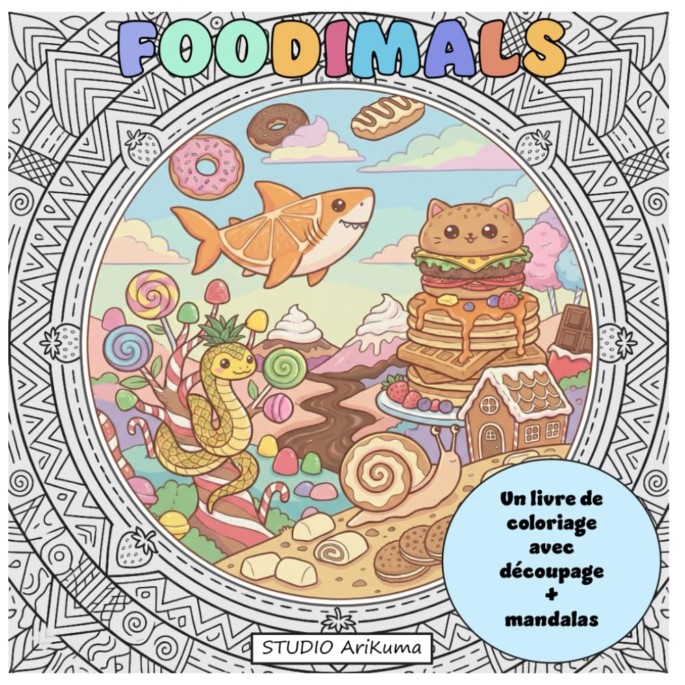 Foodimals: Livre de Coloriage et de Découpage + Mandalas : Coloriages au Style Chibi avec des Animaux-Snacks Amusants et des Créatures Gourmandes