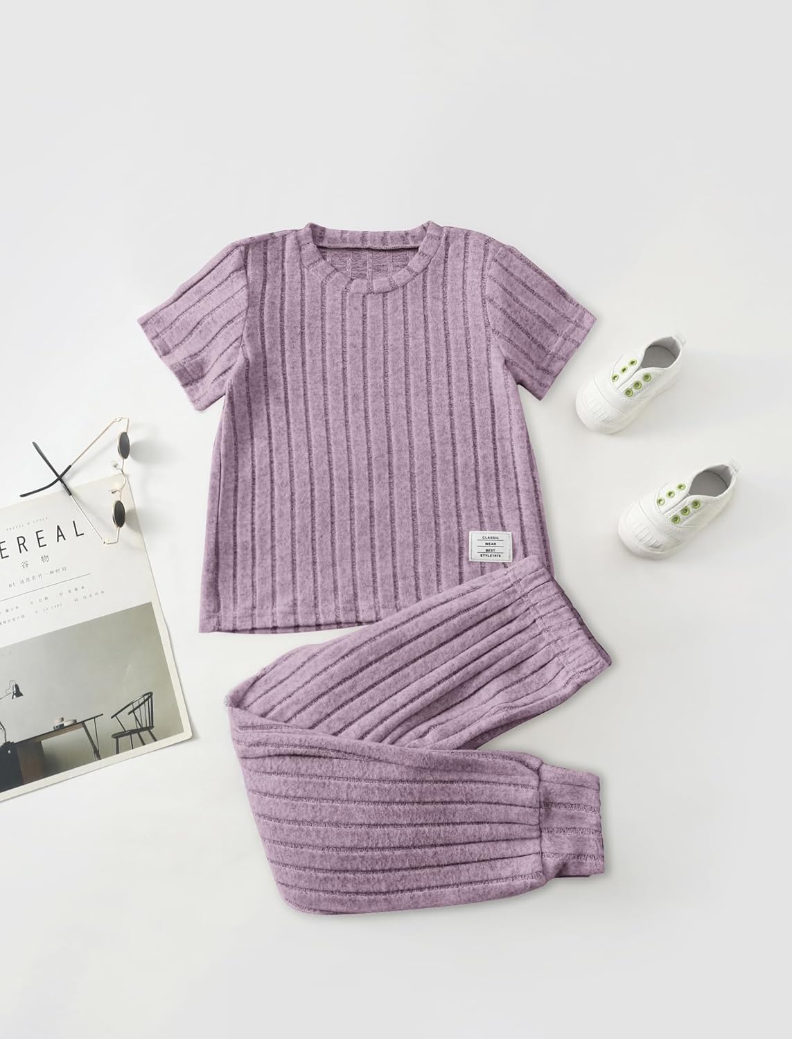 2 Piece Girl Clothes Pants Set Outfits Ribbed Knit Short Sleeve T-Shirt and Active Sweatpants Size 4-12 Years - Image 2