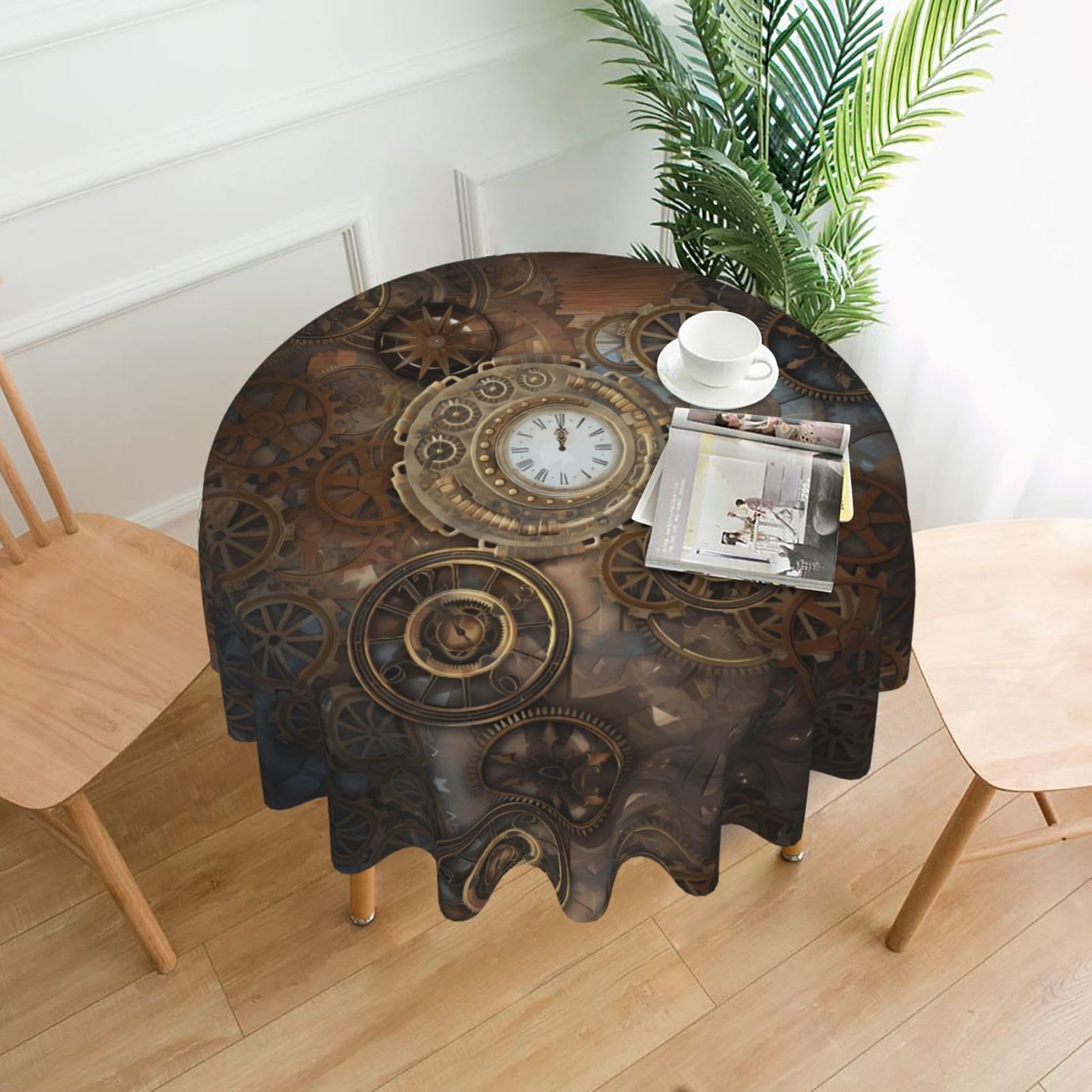 ZHAOUR Steampunk Clock Print Round Washable Tablecloth – Table Cover