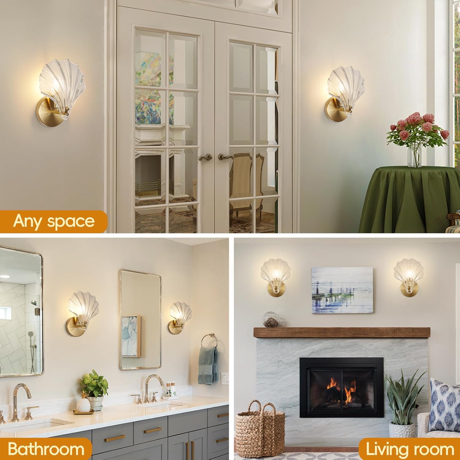 Gold Wall Sconces for Bathroom, Vanity Light Fixtures, Modern Sconces Wall Lights with Clear Shell Shaped Glass Shades, Bathroom Light Fixtures for Living Room, Bedroom, Hallway, mirror, Kitchen, E12