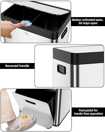 Miniatura 5 de RIEDHOFF Basurero de cocina de acero inoxidable de 56 litros14.8 galones, cubo de basura clasificado de acero inoxidable a prueba de huellas