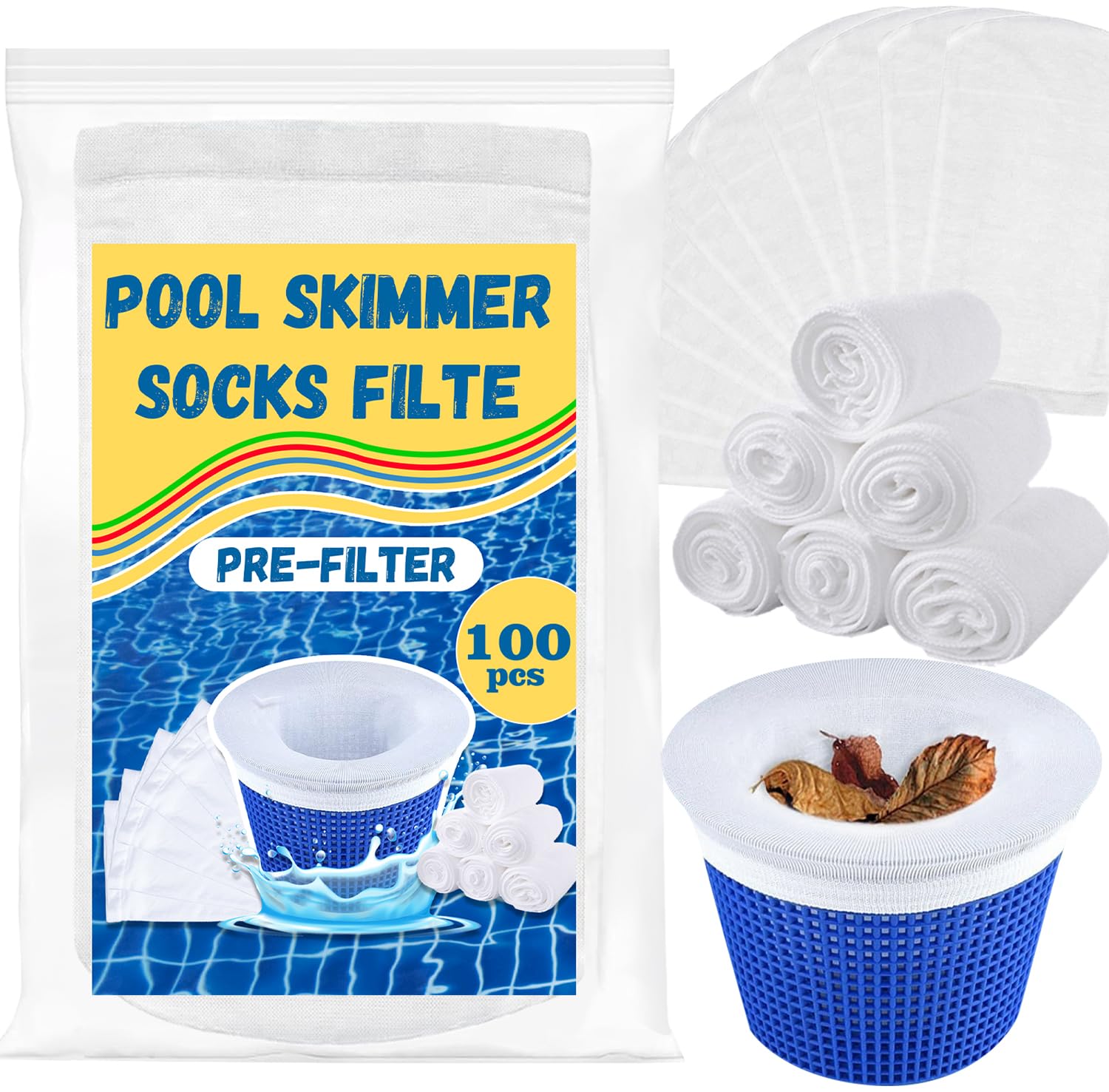 100 Pack Pool Skimmer Socks,Pool Filter Socks for Skimmer Basket for Above Ground and Inground Pool Ultra Fine Mesh Screen Pool Skimmer Scum Socks Saver,Pool Cleaning Filter Socks Cleans Debris Leaves