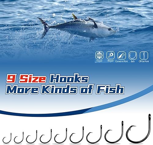 Miniatura 5 de CWSDXM Ganchos circulares para agua salada, 20 ganchos de pesca en línea para bagre, 4 ganchos Mustad fuertes de acero de alto carbono para atún,