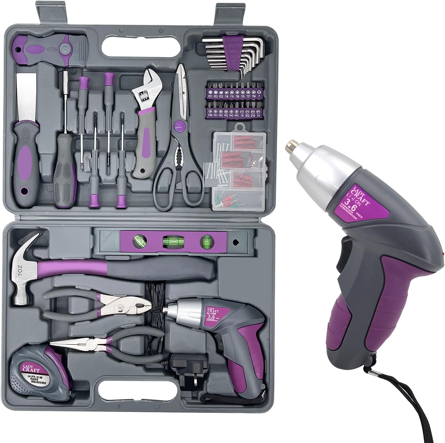 LADYCRAFT 44PCS 4V Cordless Screwdriver Tool Kit - Pink Color Home Repair Set With Storage Case - Lady Tools Gift Set