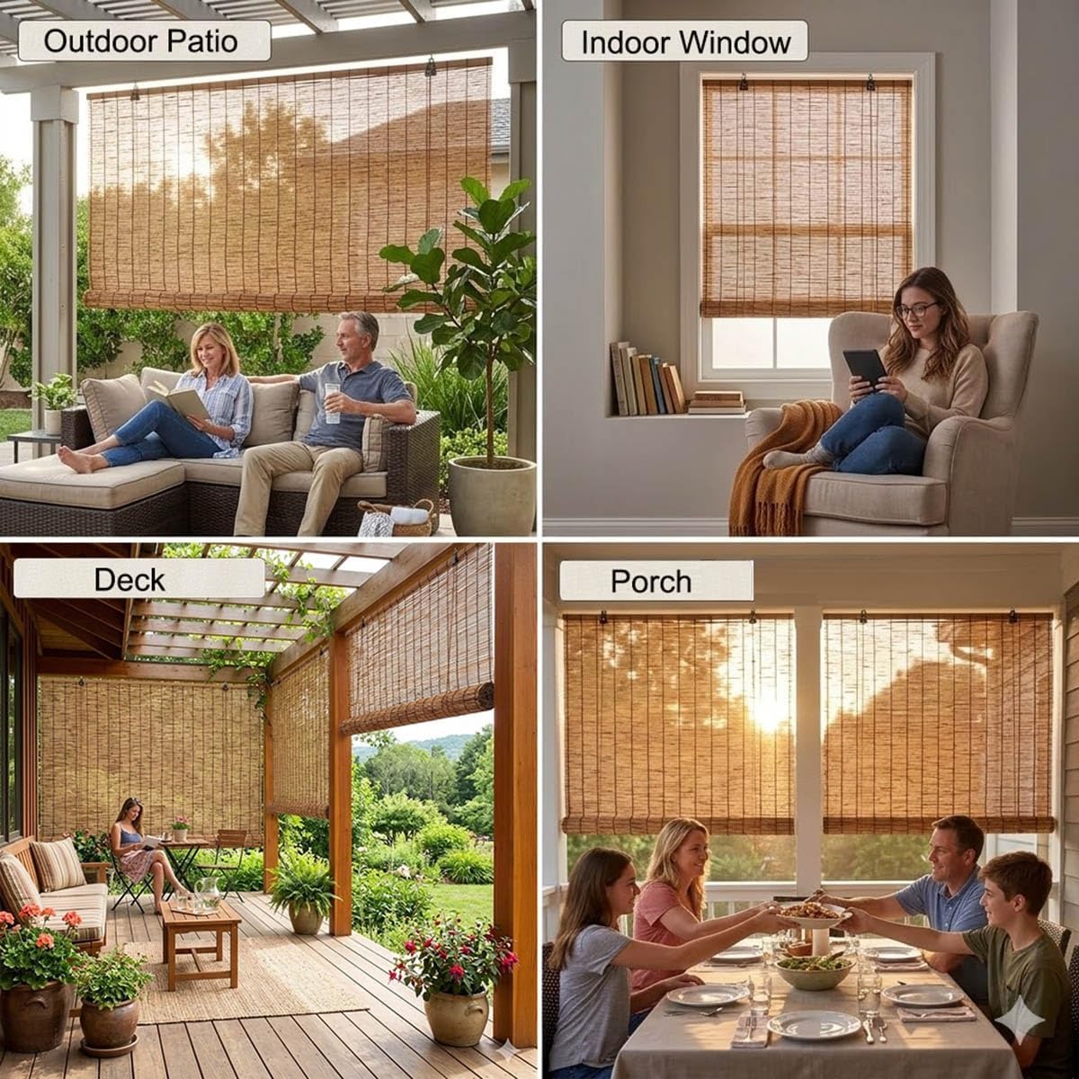 Outdoor Roller Shades for Patio, Blackout Bamboo Roll Up Shades, 28" 30'' 36" 42" 48" 50" 62" 72" 77" Cordless Bamboo Blinds for Indoor Windows Porch Privacy Blind Sun Shade(48''W x 48''H)