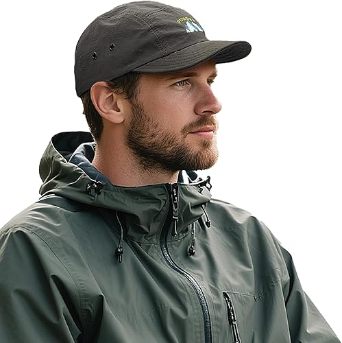 Vista 15 de Clakllie Sombrero de ala plana de 5 paneles sin estructura, gorra de ala corta de secado rápido, gorra de béisbol de nailon transpirable