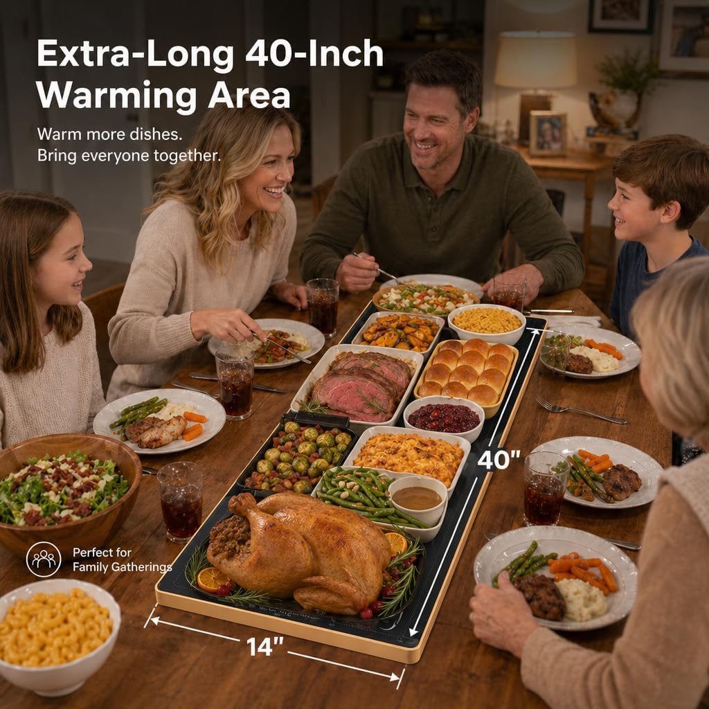 LIFENG Electric Warming Tray 40" x 14" – Glass-Top Full-Surface Food Warmer with 6 Temperature Modes & Timer, Warming Tray for Buffets, Parties, Sabbath, Holidays & Everyday Dining,Black
