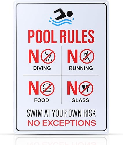 THTEN Letrero de reglas de piscina de 14 x 10 pulgadas, letrero de metal de advertencia de piscina, letrero de metal de advertencia de no buceo, no