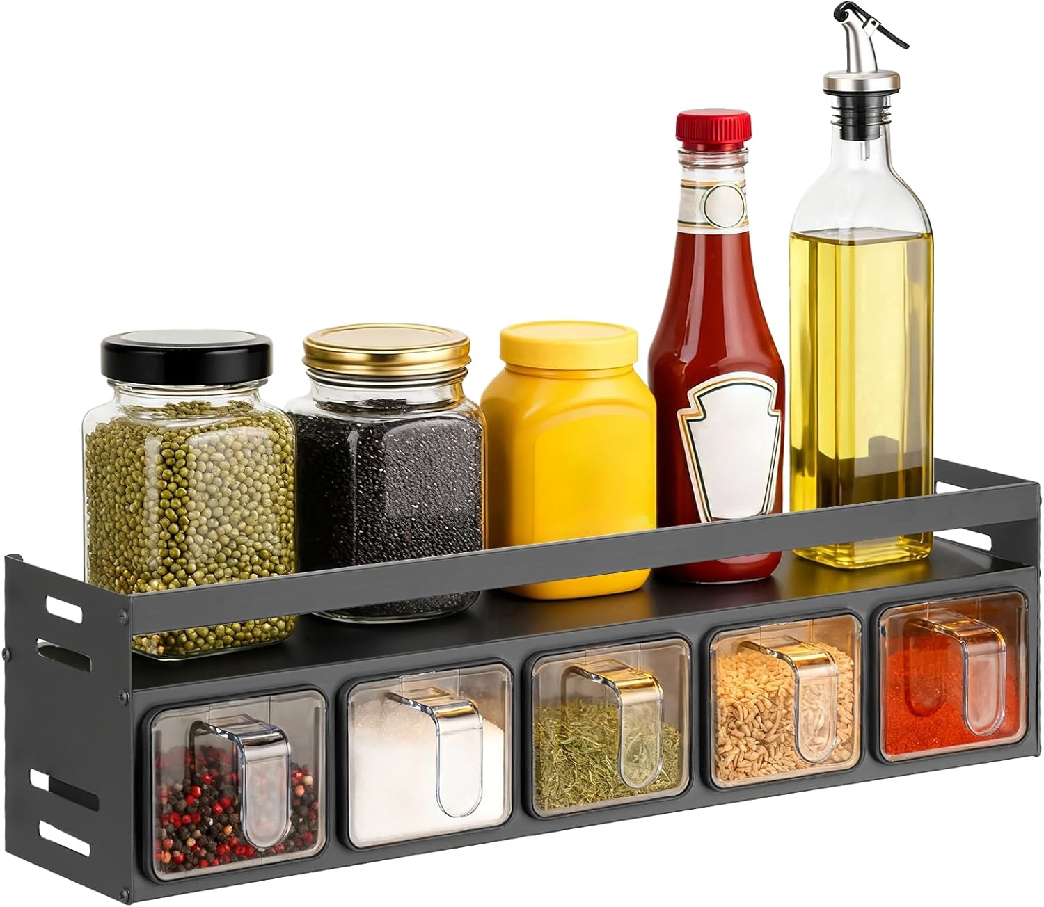 Kitchen Spice Rack, Kitchen Organizer and Storage Rack with 5 Spoons, Spice Organization for Cabinets Punch-free Wall/Countertop Home Decor Multifunctional Double Layer 5 Grid Condiment Rack, Gray