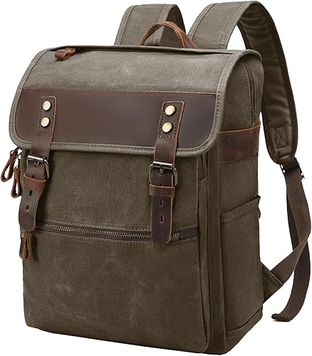 Mochila vintage de lona encerada, estilo casual, de piel auténtica, para computadora portátil, mochila de viaje para hombres y mujeres, Verde disponible en Yaxa Costa Rica