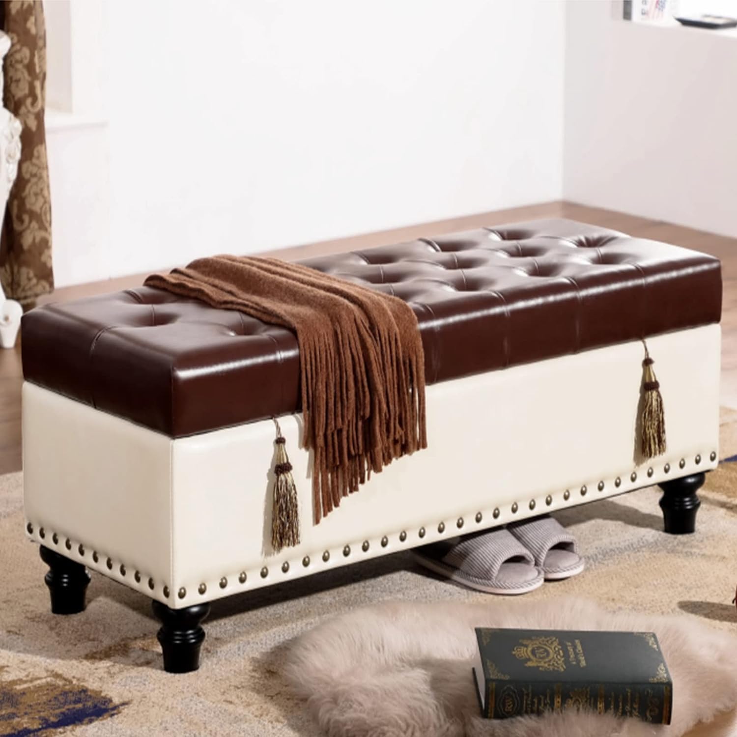 Repose-pieds en cuir vert rembourré coffre de rangement intégré 39x18x17 pouces