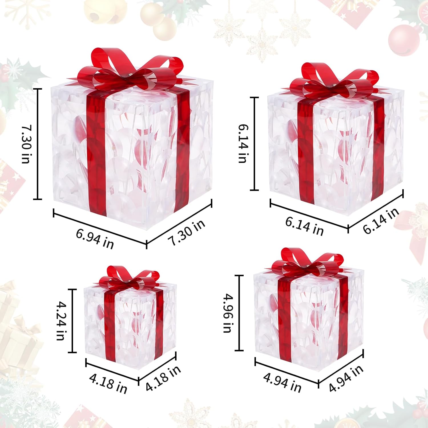 COVFEVER Christmas Lighted Gift Boxes, Pre-lit Lights Gift Boxes Set of 4, Light up Present Boxes Set Battery Operated with Different Sizes for Holiday Indoor Outdoor Decorations (Multi-Colored)