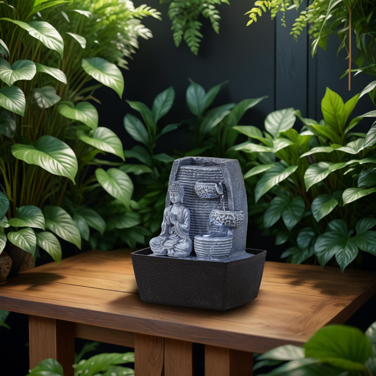 Fontaine d’Intérieur Mur d’Eau Cascade - Statue Bouddha Amovible- Fontaine de Table Lumière LED Blanc Circuit fermé - Décoration Zen Salon Chambre Feng Shui - Cadeau Utile- H 26cm - Sagesse Zen’Light