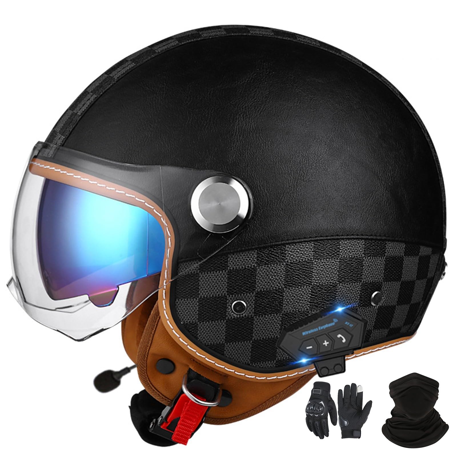 Casco Jet Bluetooth Casco Moto Certificazione Applicabile a ECE Casco Pelle Casco Scooter Casco Jet per Adulti Uomo Donna con Doppia Visiera Parasole