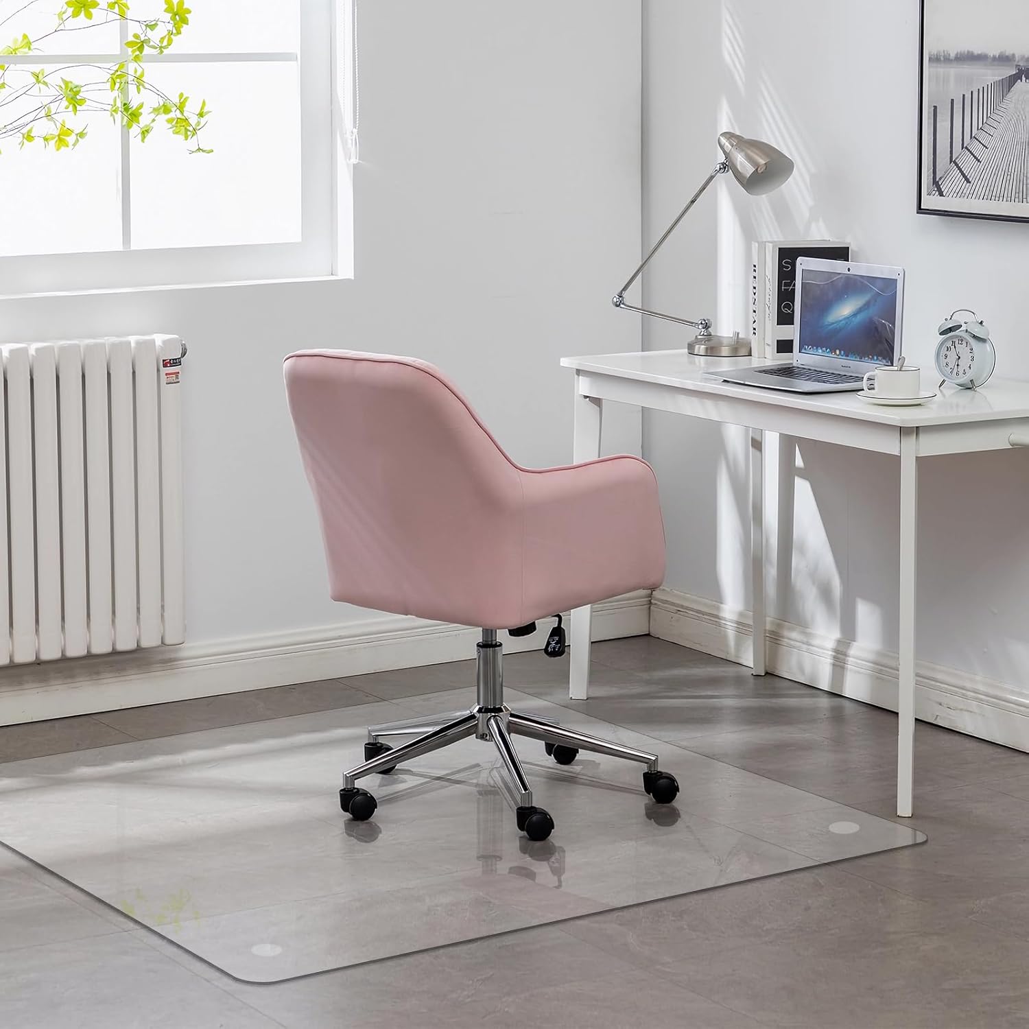 JAMBALAY 46″×36″ Tempered Glass Floor Mat, Heavy Duty Glass Office Chair Mat for Carpets or Hard Floors, Carpet Floor Mats with 12 Non Slip Pads for Easy Roll On, Thick 1/5″