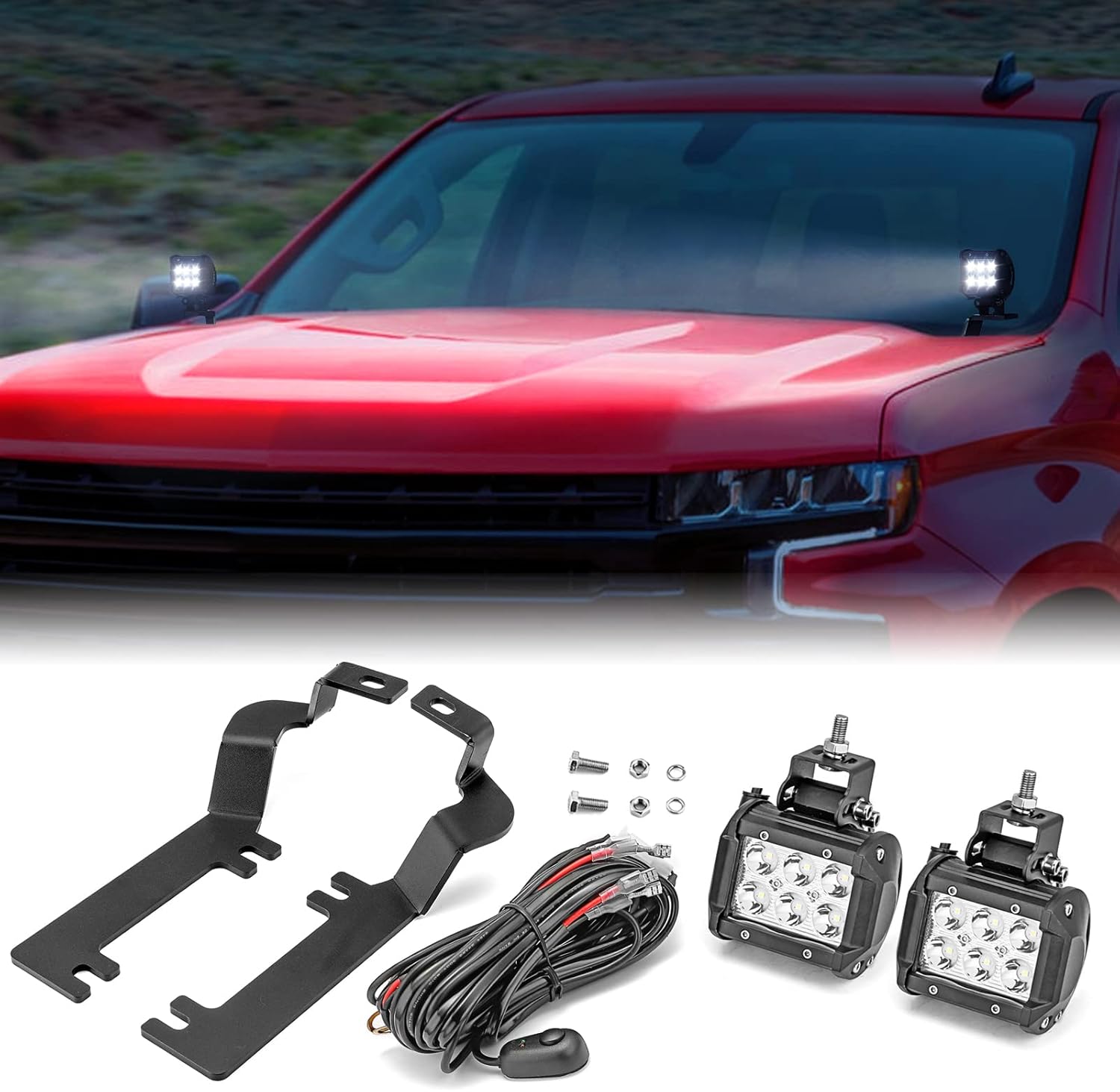 WeiSen Upper Hood Hinge LED Ditch Light Mounting Brackets & 2X 18W LED Cube Lights