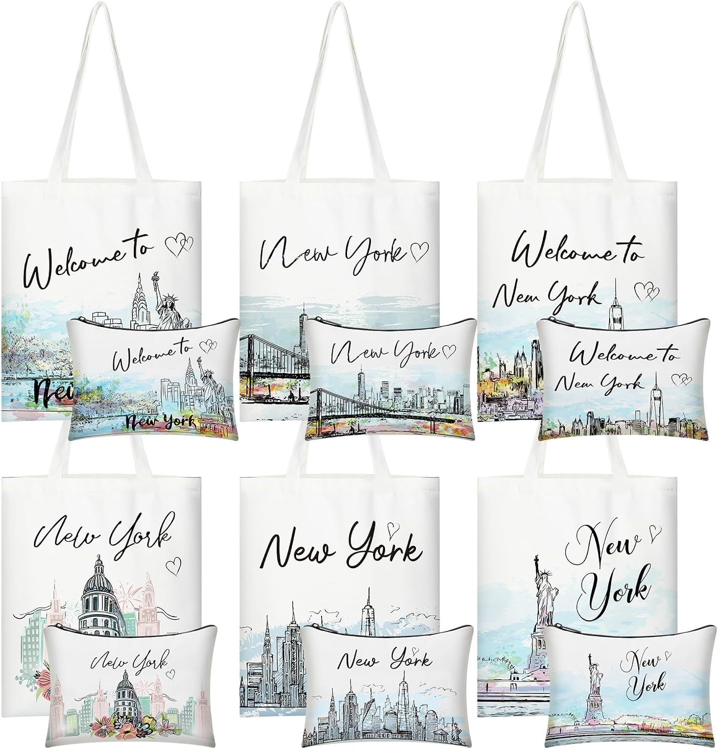 Paterr 12 Pcs New York Souvenir Gifts Includes 6 Watercolor New York Tote Bags 6 Watercolor Makeup Bags Reusable Grocery Bag for Travel Souvenirs Beach Shopping Gifts for Women Men