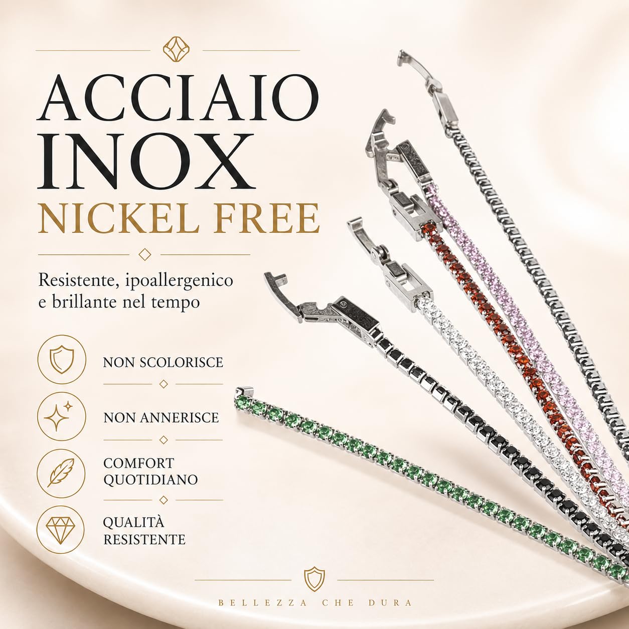 Bracciale Tennis Acciaio Inox Zirconi taglio Brillante 2 mm Lunghezza regolabile