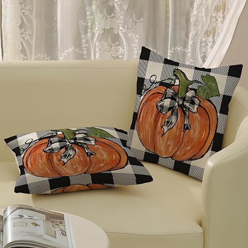 Miniatura 4 de QANOK Juego de 2 fundas de almohada de otoño de 20 x 20 pulgadas, decoración de otoño, a cuadros, calabaza, para exteriores, otoño, Acción de
