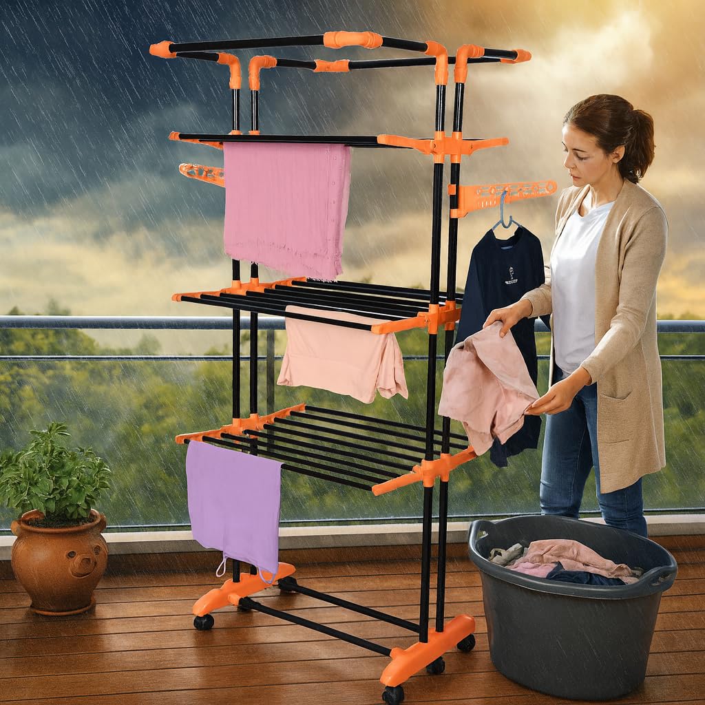PARASNATH 3-Pole Steel Orange & Black Cloth Drying Stand | Multiple Folding Arms, Castor Wheels with Brake, Rust-Resistant Epoxy Coated Pipes | 6-Year Manufacturer Warranty | Made in India