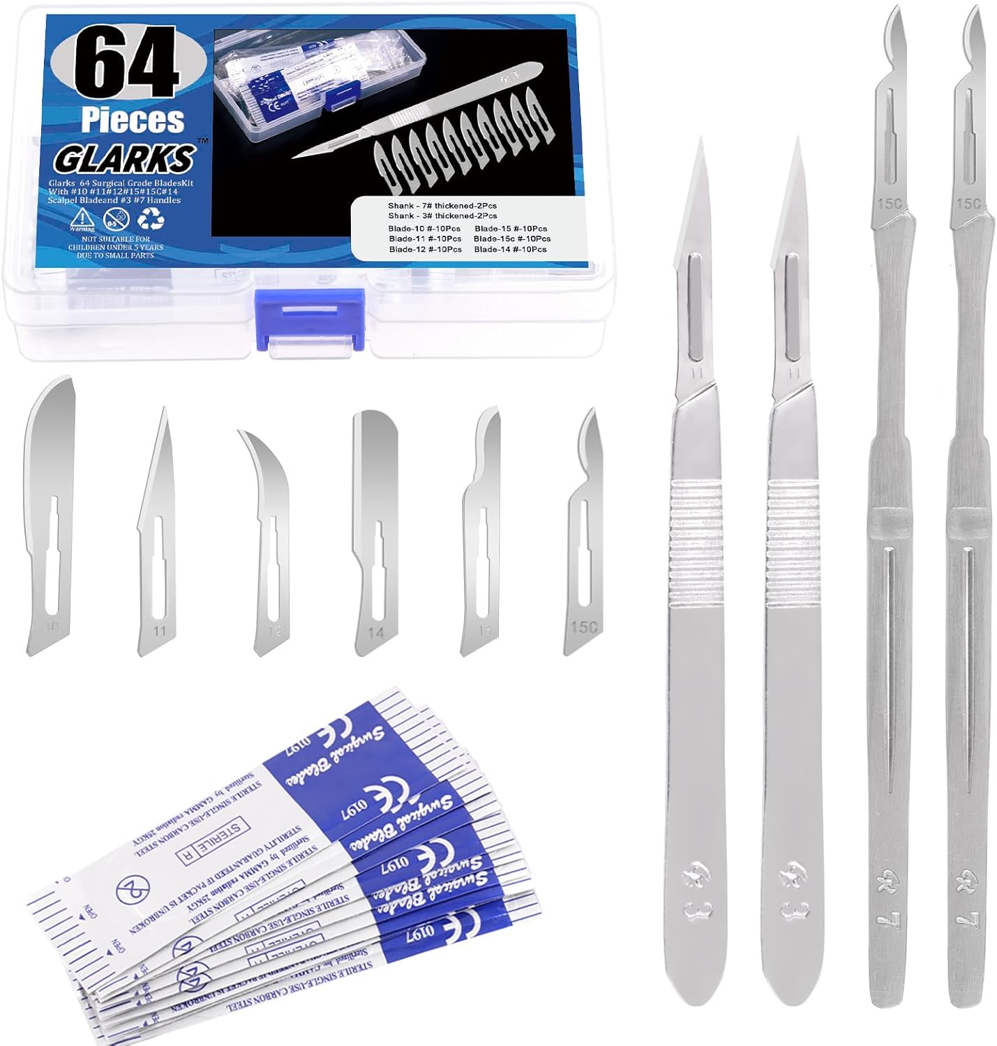 Glarks 64Pcs Surgical Blade with Handle Kit, 60pcs 1011121515C14