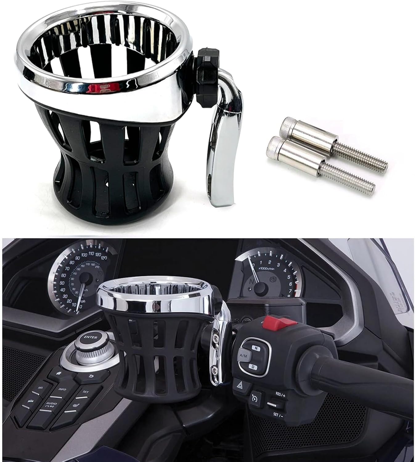 Motorcycle Handlebar Drink Cup Holder Plated and Rubber Chrome/Black Mount for Harley Davidson Passenger Water Bottle Holder with Mesh Basket for Honda Goldwing GL 1800 (102/142 MM)