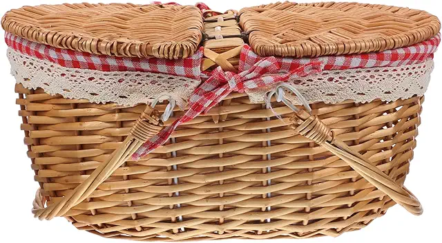 Cesta de Picnic de Mimbre Natural con Tapa y Asas para Almacenamiento y Decoración