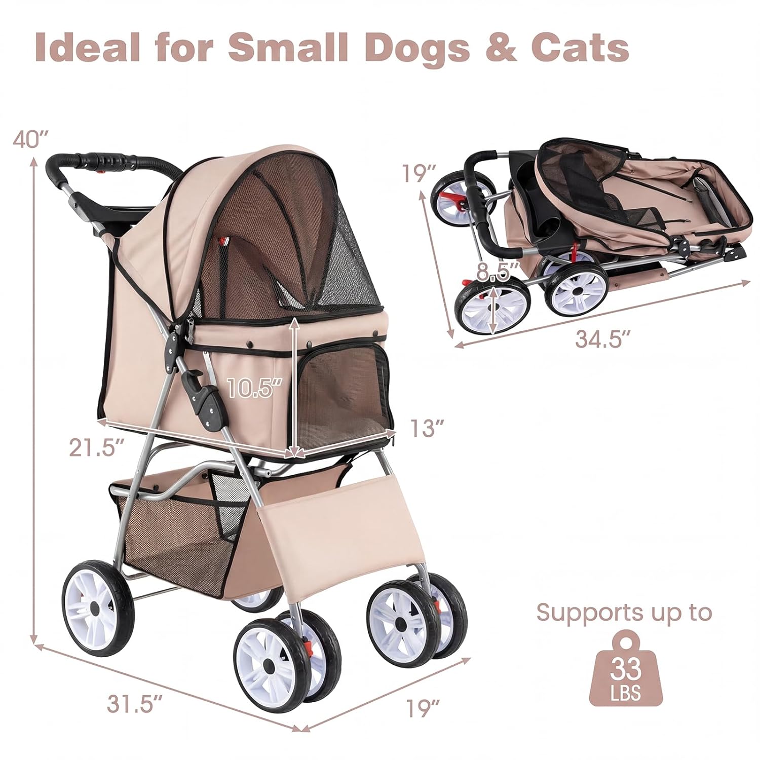 Giantex Foldable Pet Stroller for Small Dogs & Cats, Lightweight Dog Stroller with Lockable Wheels, One-Hand Quick Fold, Adjustable Canopy, Safety Leash & Storage Basket, Pet Travel Stroller, Beige