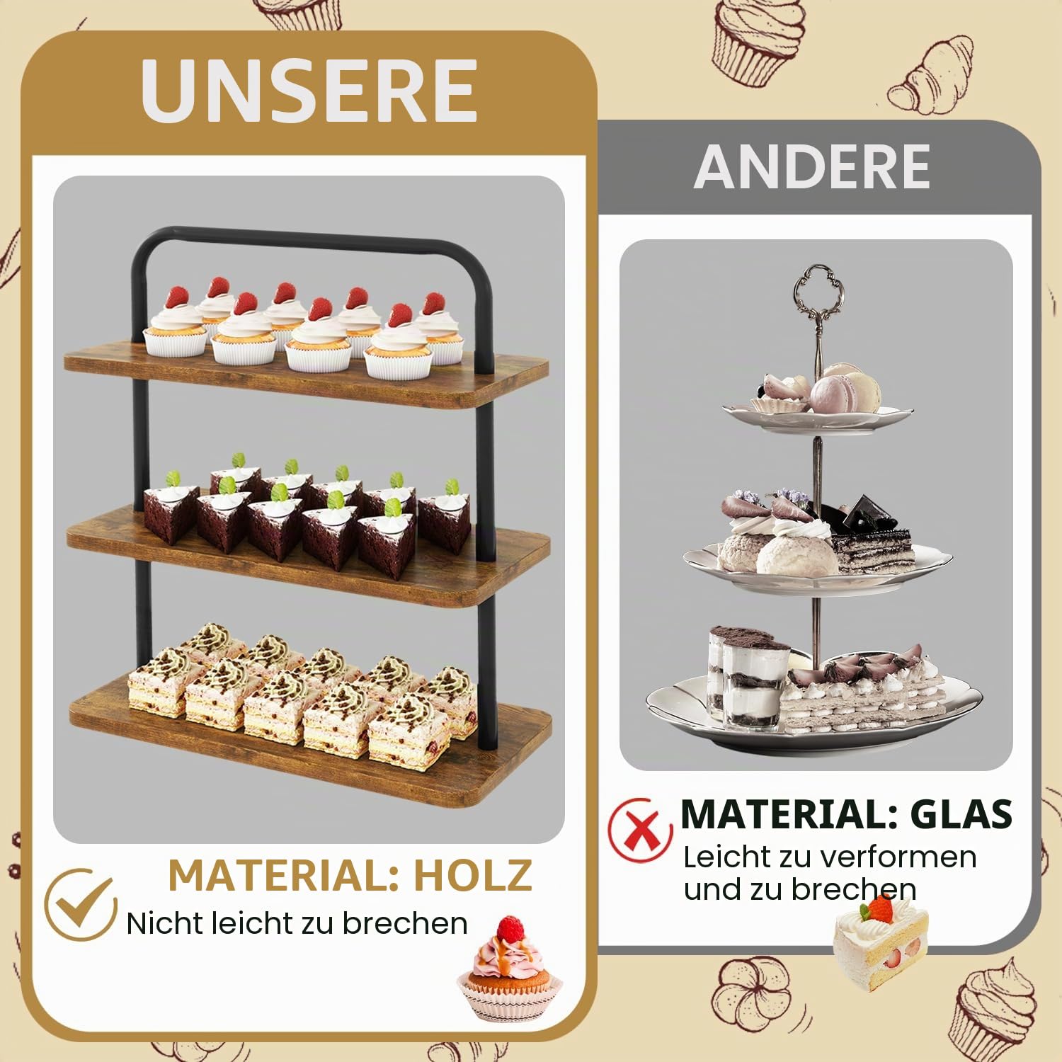 IBUYKE Tortenständer,Cupcake Ständer mit 3 Ebenen,2er Set,Braun TLJ013H-2 | Cupcake Turm Dessertständer Display Kuchenständer Gebäckständer für Hochzeit Party Babyparty Geburtstag
