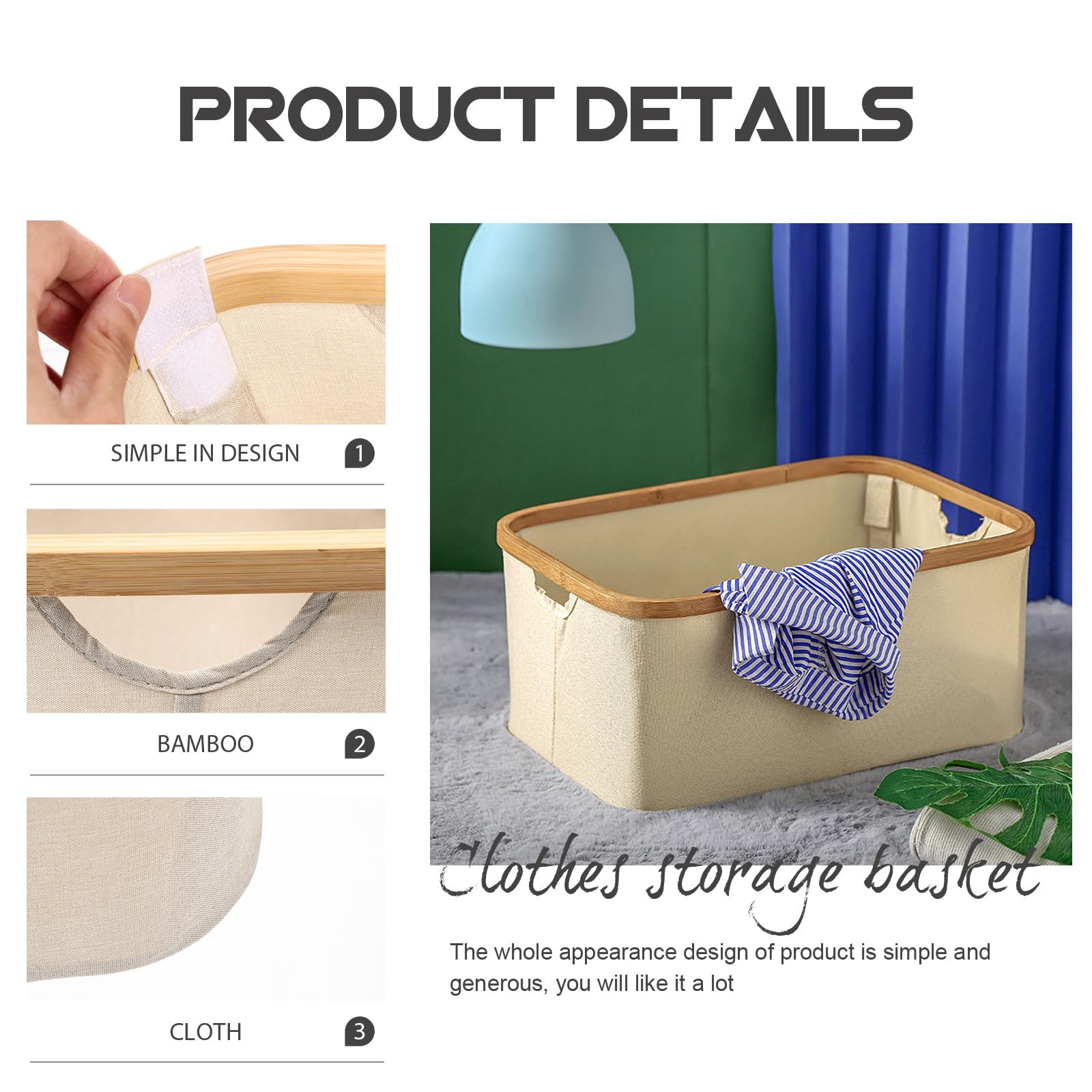 Großer Wäschekorb aus Bambus und Stoff, Faltbar, Beige
