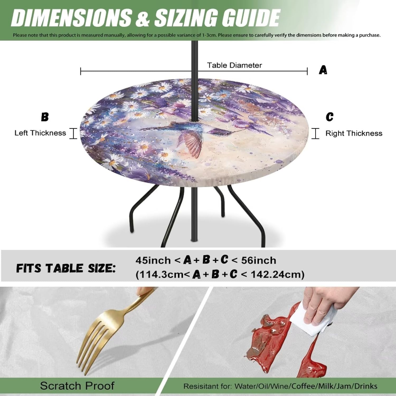 Hummingbird Elastic Tablecloth for Round Tables Lightweight Outdoor Fitted Tablecloth with Umbrella Hole and Zipper Sandproof Easy to Clean Table Cover for Patio Picnic BBQ Party