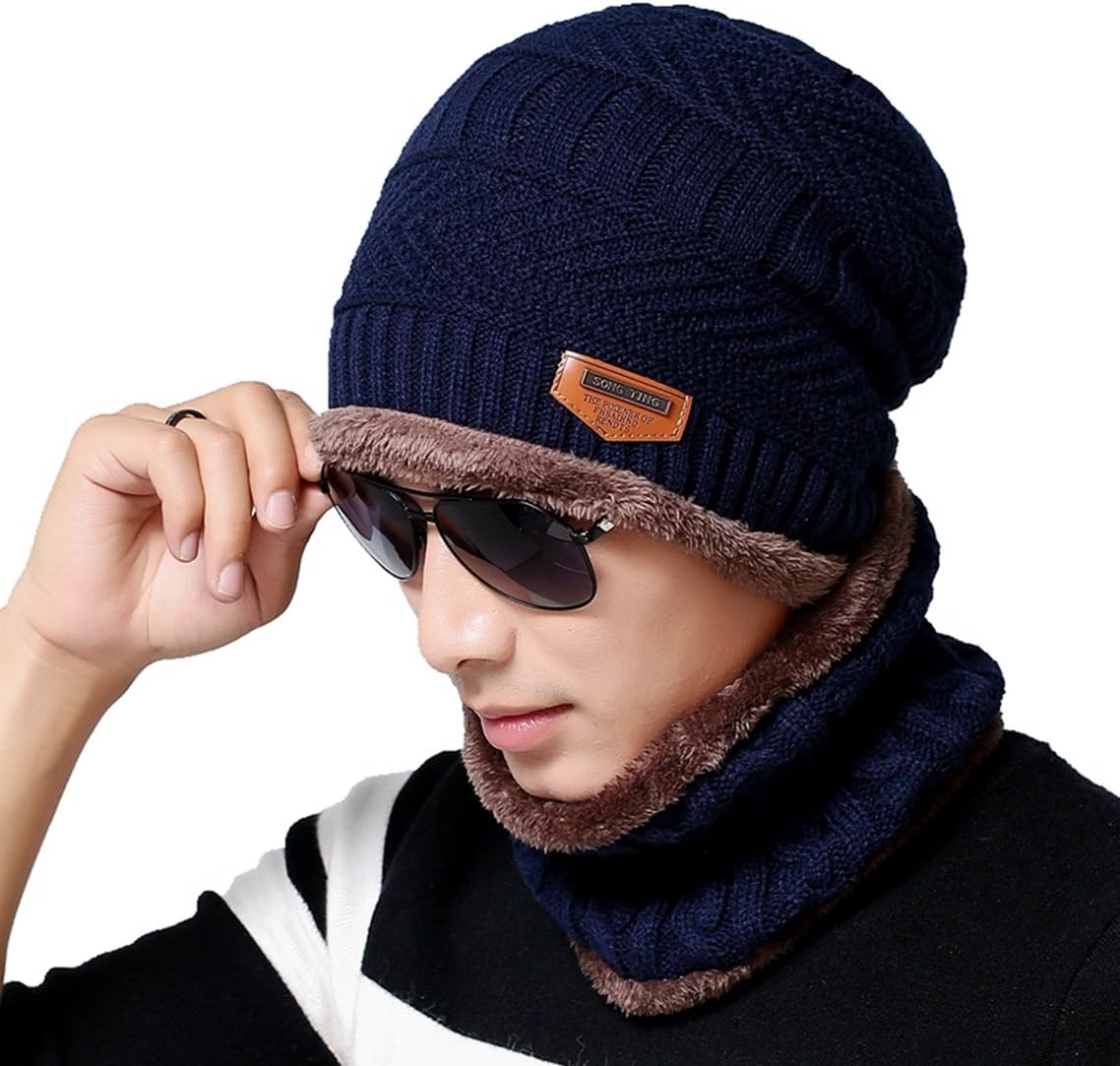 Men's Beanie Hat Scarf Set Knit Hat Warm Thick Winter Hat
