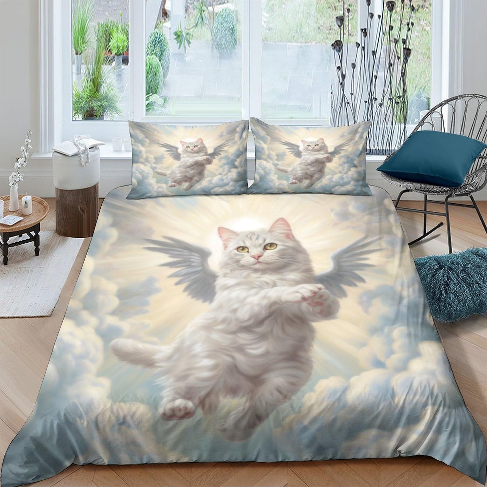 GOOSMI Angel Cat 3D Print Cat Comforter Covers Quilt Cover for Teens And Adults Duvet Cover with Pillow Cases Soft Microfiber Bedding Set with Zipper Closure 3 Pieces King（220x240cm）