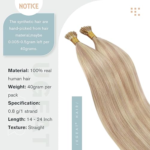 Miniatura 2 de Ugeat I Tip - Extensiones de cabello humano con queratina de 18 pulgadas, extensiones de cabello humano #P1813 rubio ceniza con reflejos rubios